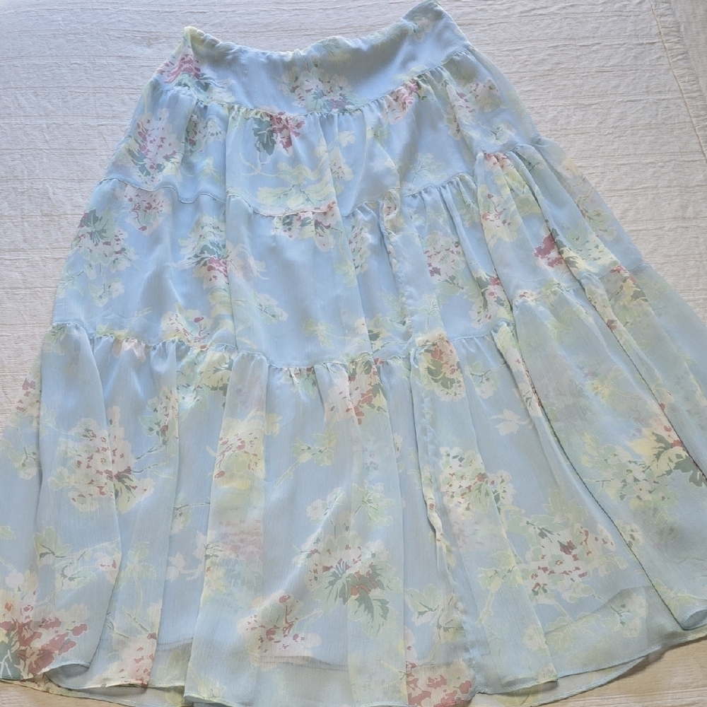 Lauren Ralph Lauren Colorful Floral Georgette Tiered Skirt. - Blue Floral Size 4 - Picture 2 of 12